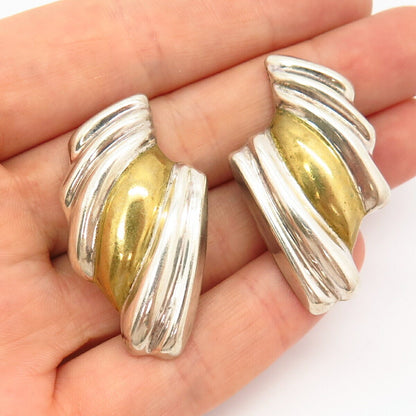 925 Sterling Silver 2-Tone Vintage Mexico Ribbed Design Clip On Earrings