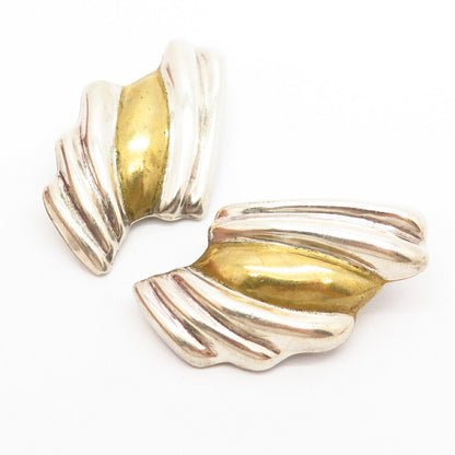 925 Sterling Silver 2-Tone Vintage Mexico Ribbed Design Clip On Earrings