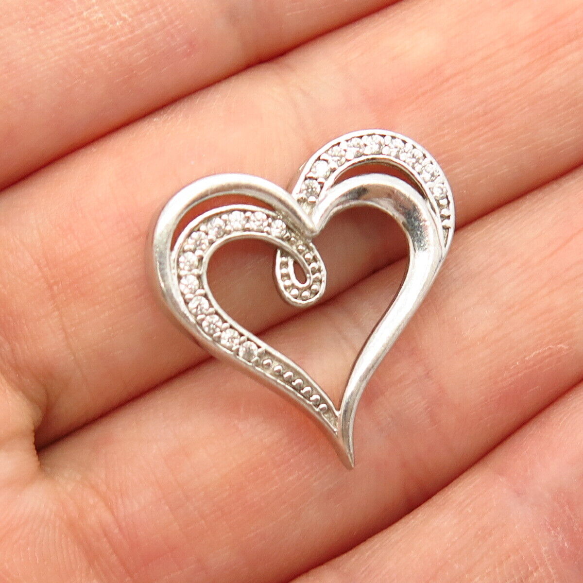 925 Sterling Silver C Z Double Heart Slide Pendant