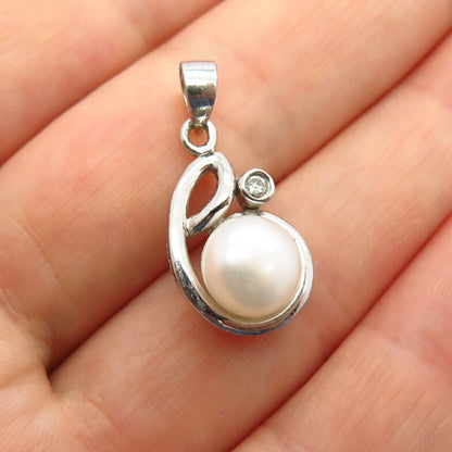 925 Sterling Silver Real Pearl & C Z Pendant