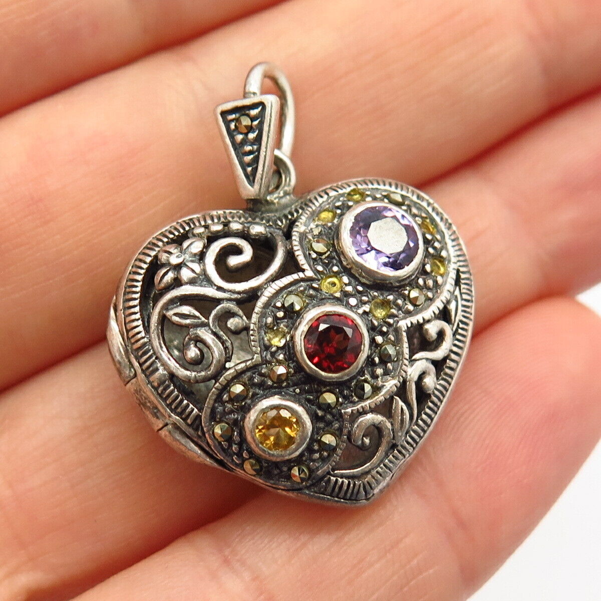 925 Sterling Silver Real Multi-Color Gem Heart Design Locket Pendant