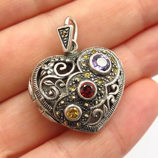 925 Sterling Silver Real Multi-Color Gem Heart Design Locket Pendant