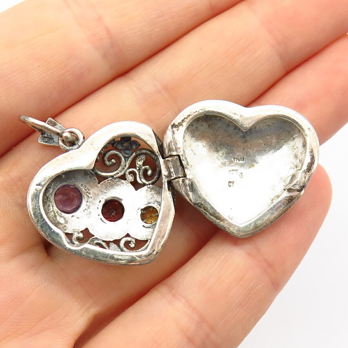 925 Sterling Silver Real Multi-Color Gem Heart Design Locket Pendant