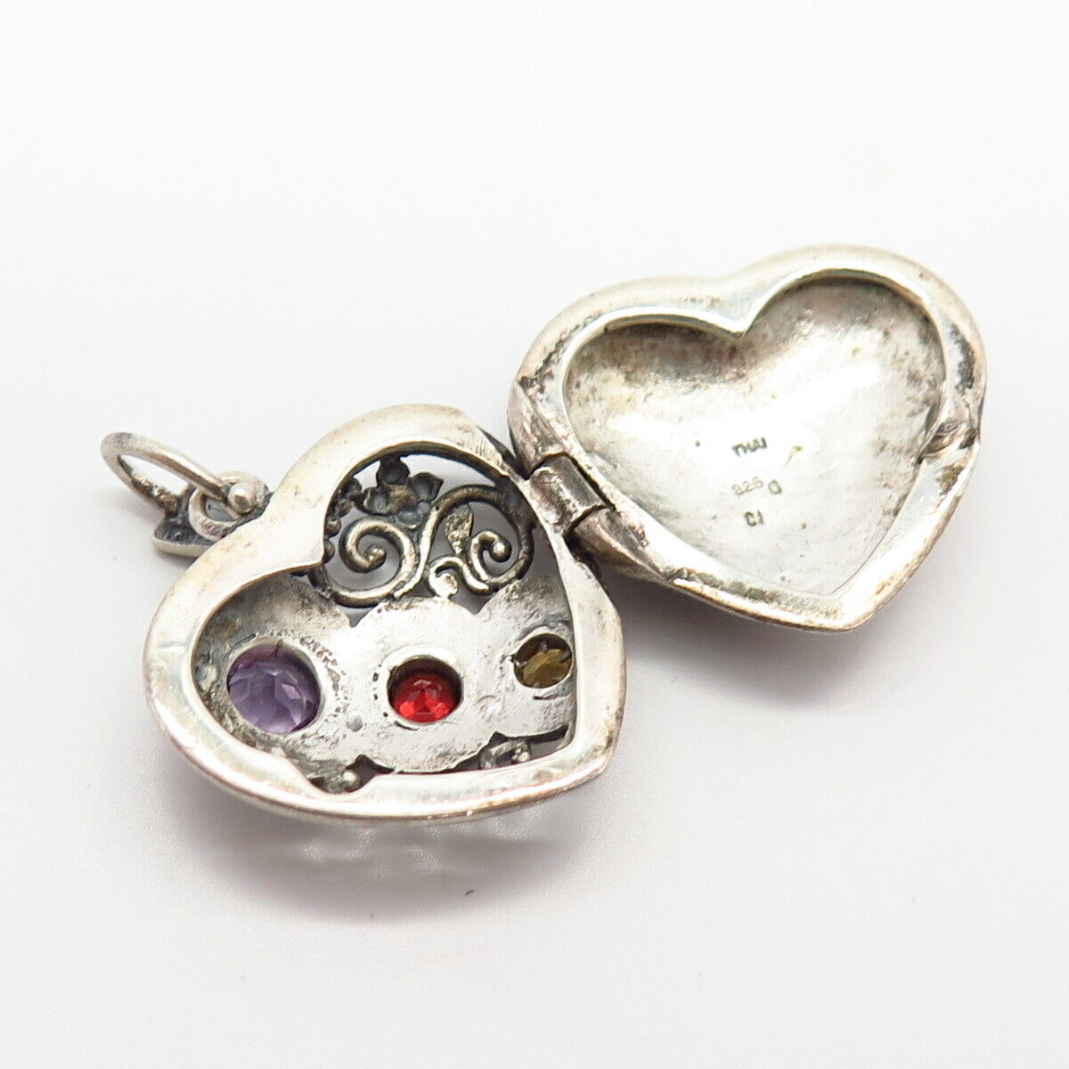 925 Sterling Silver Real Multi-Color Gem Heart Design Locket Pendant