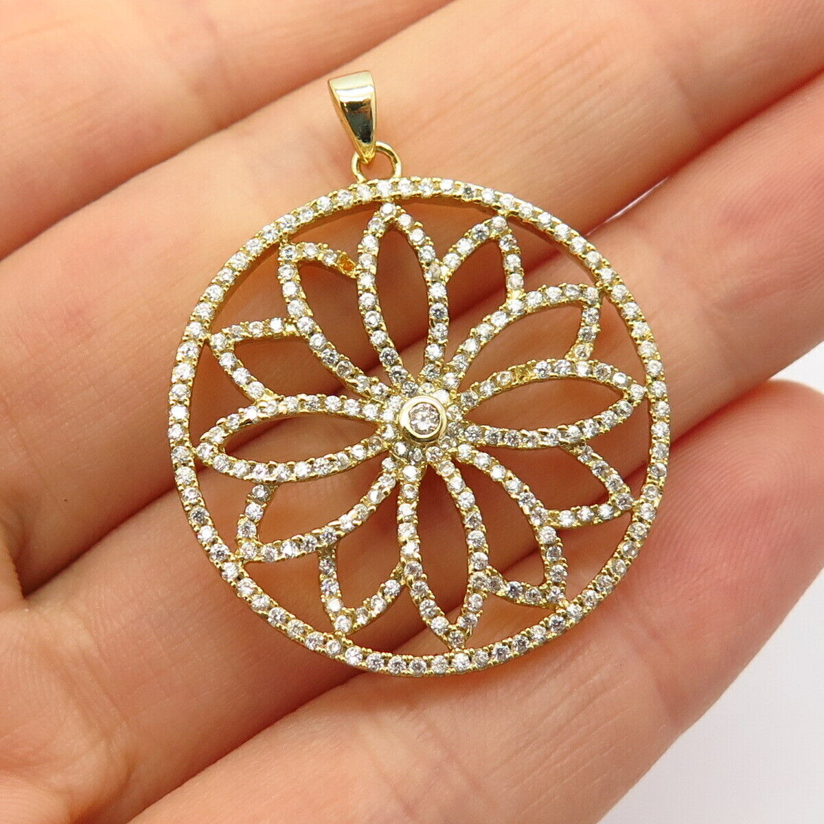 925 Sterling Silver Gold Plated C Z Lotus Floral Design Pendant