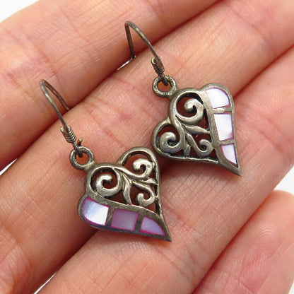 925 Sterling Silver Pink Mother-of-Pearl Heart Design Dangling Earrings