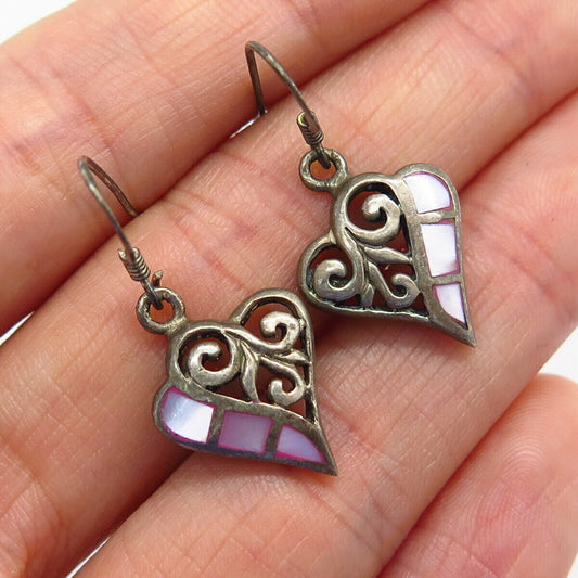 925 Sterling Silver Pink Mother-of-Pearl Heart Design Dangling Earrings