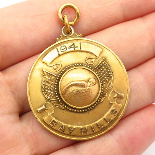 1/20 10K Gold Filled Vintage WWII "Bay Hills" Swimmer Design Award Pendant