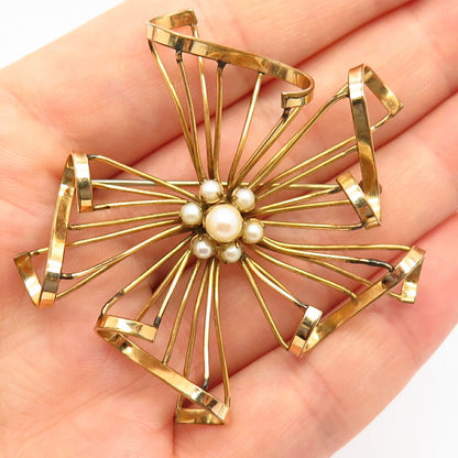 1/20 12K Gold Filled Antique Real Pearl Floral Design Pin Brooch