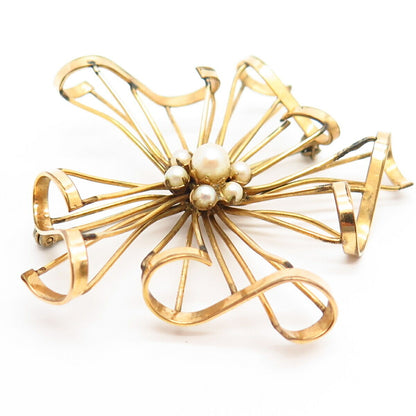 1/20 12K Gold Filled Antique Real Pearl Floral Design Pin Brooch