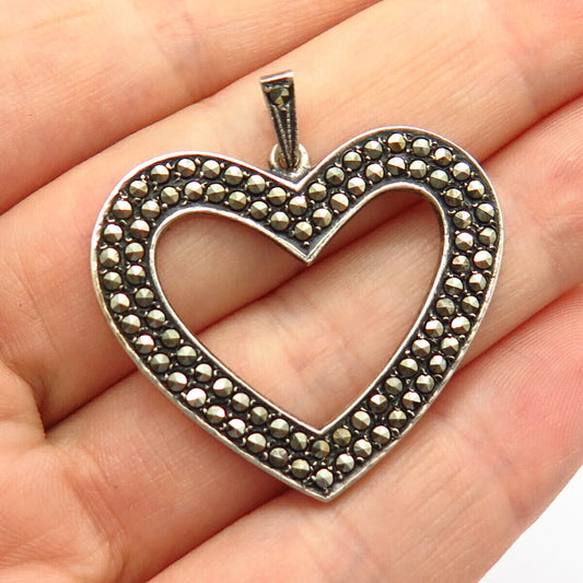 925 Sterling Silver Vintage Germany Real Marcasite Gemstone Open Heart Pendant