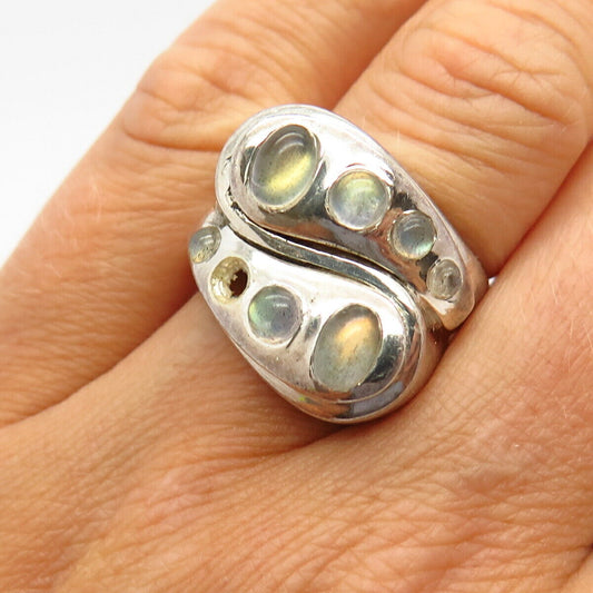 925 Sterling Silver Real Moonstone Gem Bypass Wide Statement Ring Size 7