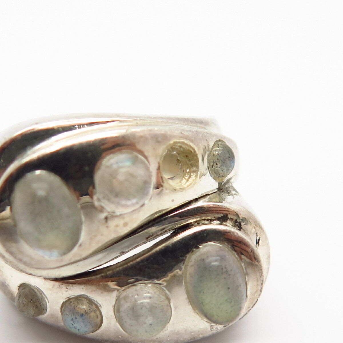 925 Sterling Silver Real Moonstone Gem Bypass Wide Statement Ring Size 7