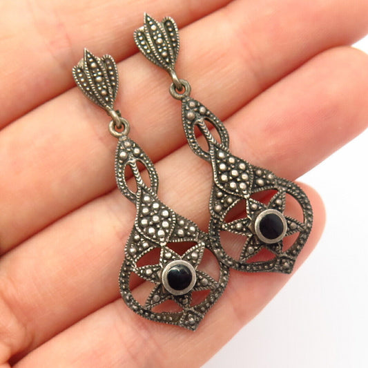 925 Sterling Silver Real Black Onyx Gemstone Ornate Dangling Earrings