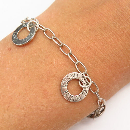 925 Sterling "Love Friendship Passion Peace Strength" Charm Link Bracelet 7"