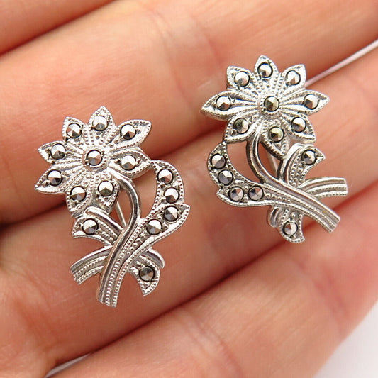 925 Sterling Silver Vintage Real Marcasite Gem Floral Design Screw Back Earrings