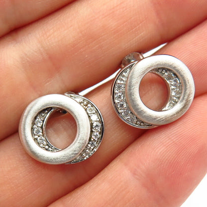 925 Sterling Silver C Z Double Circle Design Stud Earrings