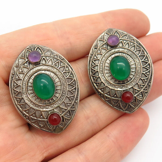 925 Sterling Vintage Tulla Booth Multi-Color Gem Ethnic Design Clip On Earrings