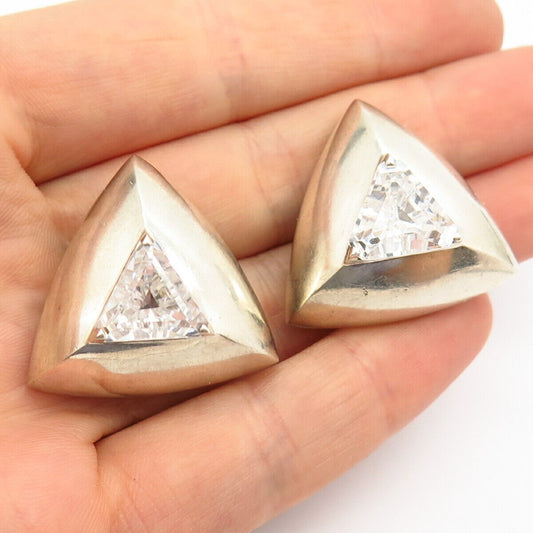 925 Sterling Silver Vintage C Z Triangle Design Clip On Earrings