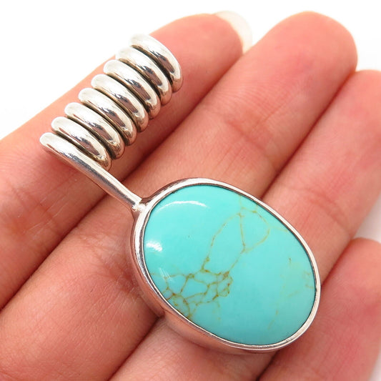 925 Sterling Silver Vintage Mexico Real Turquoise Gem Slide Pendant