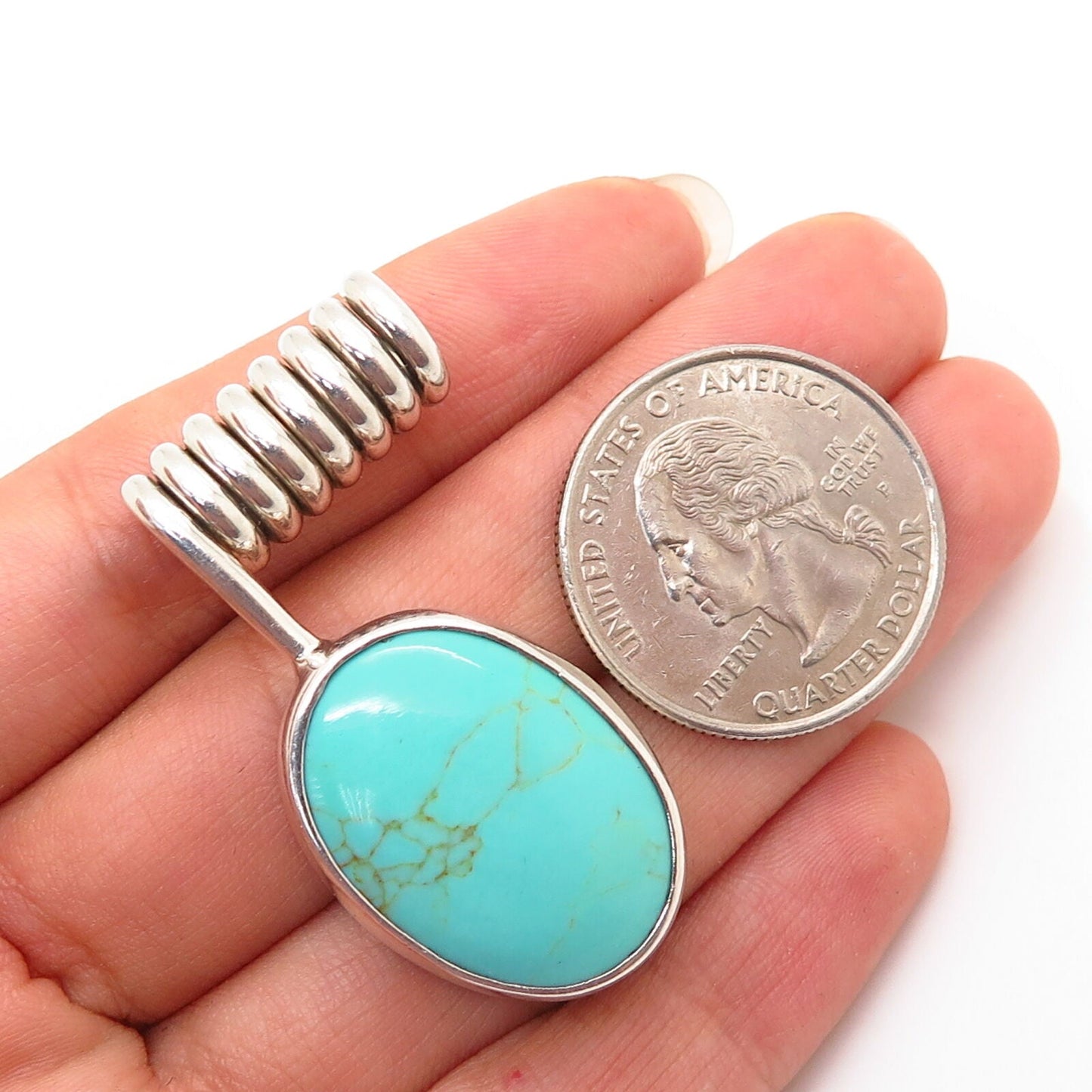 925 Sterling Silver Vintage Mexico Real Turquoise Gem Slide Pendant