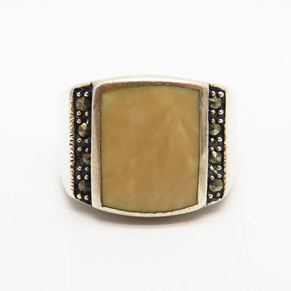 925 Sterling Silver Marcasite Gem & Mother-of-Pearl Wide Signet Ring Size 7