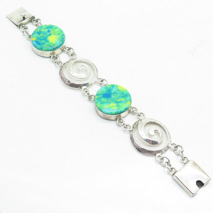 925 Sterling Silver Faux Turquoise Swirl Design Link Bracelet 6 1/4"