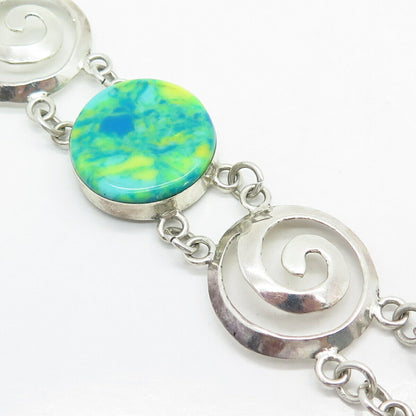 925 Sterling Silver Faux Turquoise Swirl Design Link Bracelet 6 1/4"