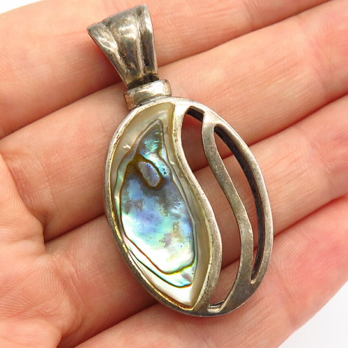 925 Sterling Silver Real Abalone Shell Cutout Wave Design Slide Pendant