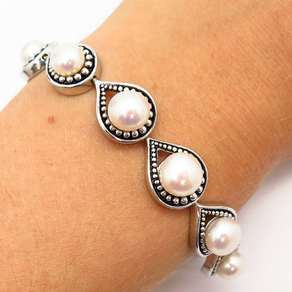 925 Sterling Silver Faux Pearl Graduated Design Link Bracelet 7 1/4"