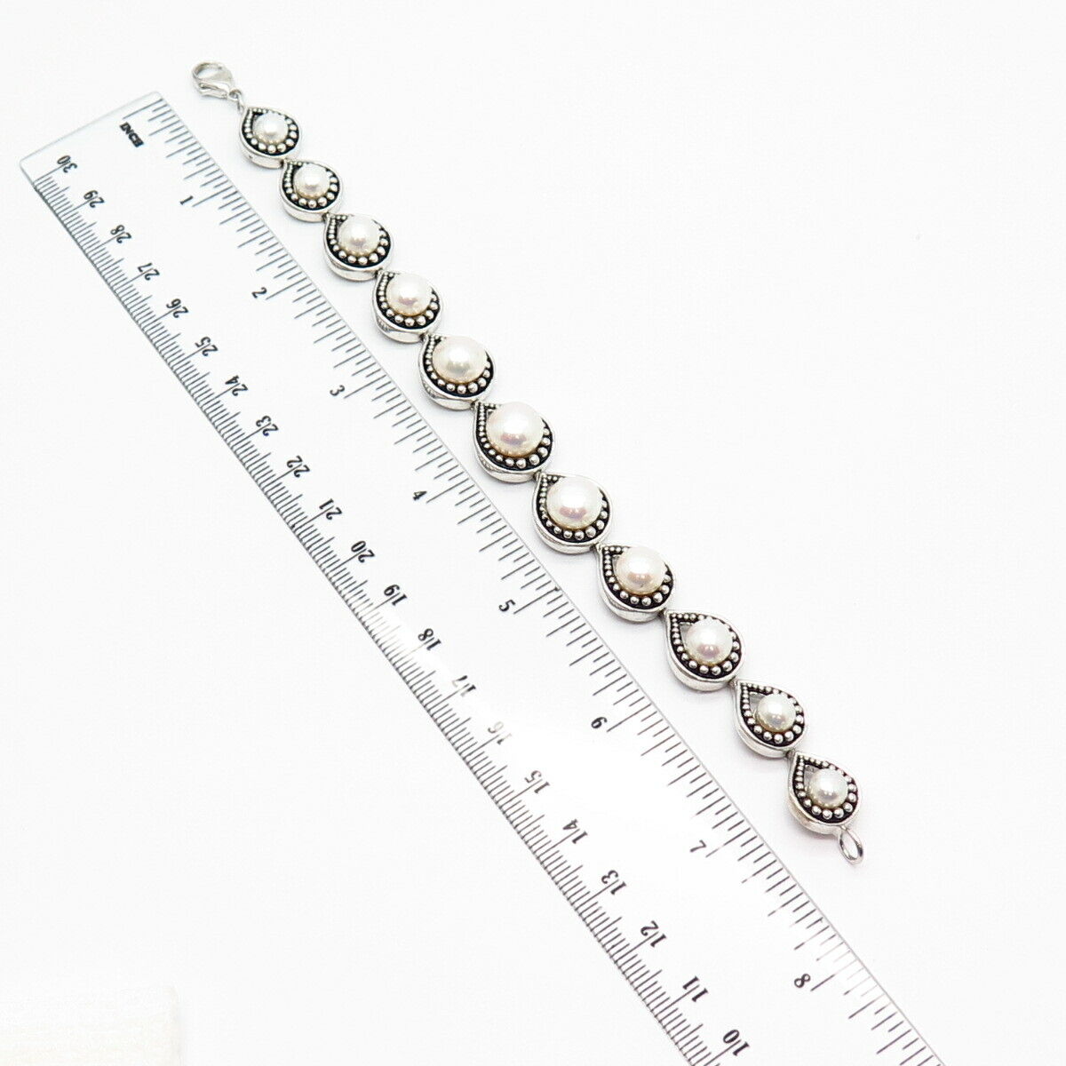 925 Sterling Silver Faux Pearl Graduated Design Link Bracelet 7 1/4"