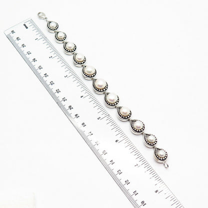 925 Sterling Silver Faux Pearl Graduated Design Link Bracelet 7 1/4"