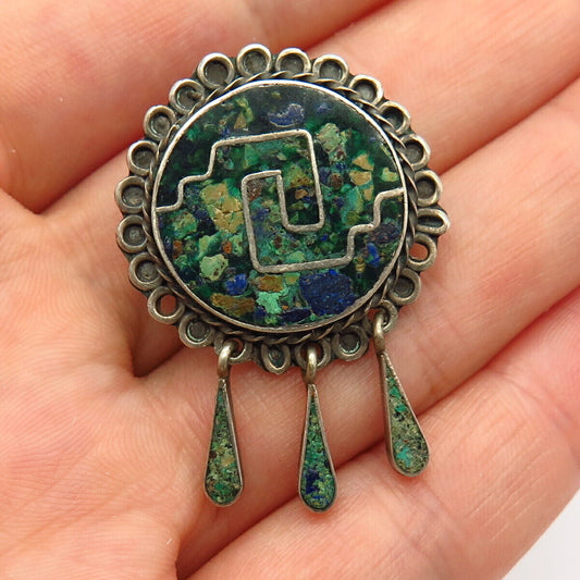 925 Sterling Silver Vintage Mexico Multi-Color Gem Inlay Tribal Brooch / Pendant