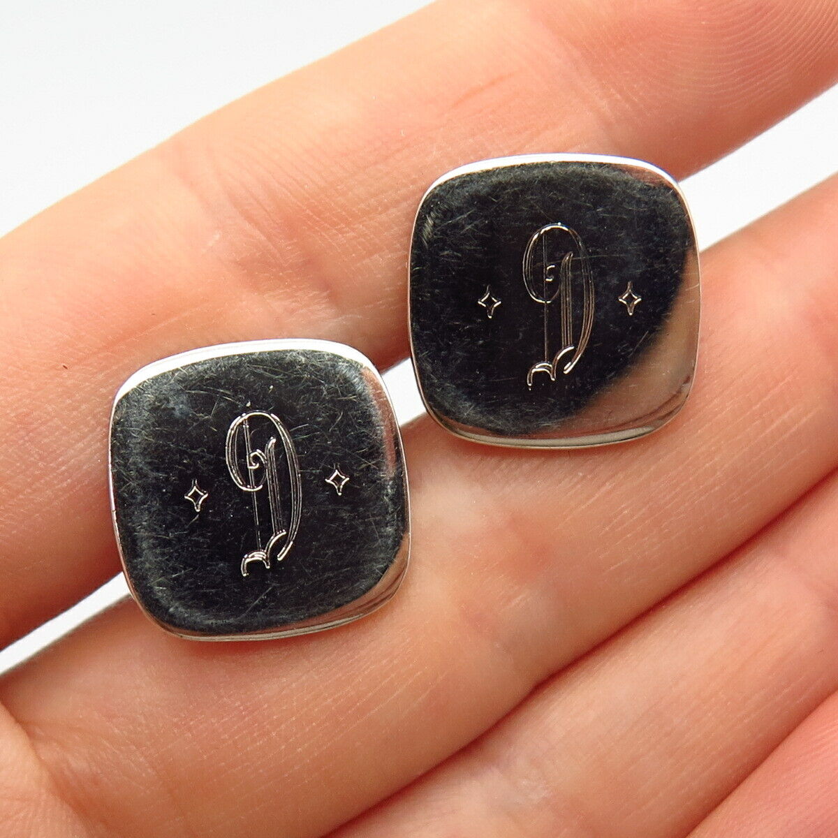 925 Sterling Silver Vintage Letter "G" Initial Design Square Cufflinks