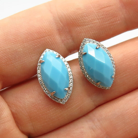 925 Sterling Silver Faux Turquoise & C Z Oval Stud Earrings