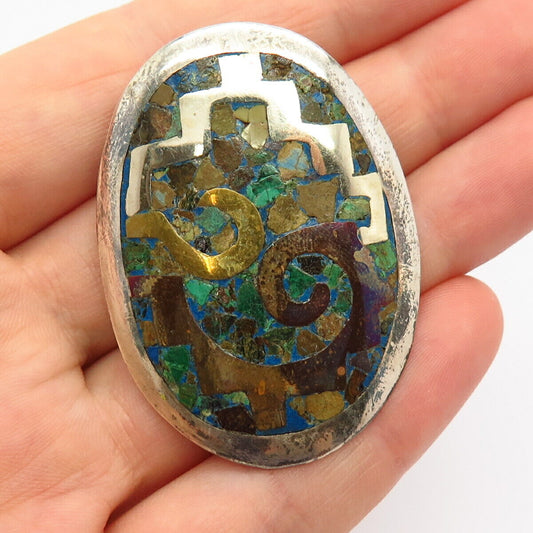 925 Sterling 2-Tone Vintage Multi-Color Gem inlay Tribal Pin Brooch / Pendant