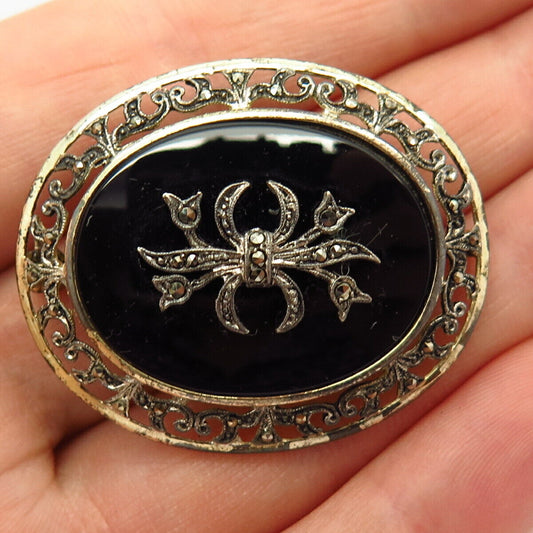 835 Silver 2-Tone Antique Art-Deco Marcasite & Black Onyx Gem Floral Pin Brooch