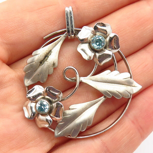 925 Sterling Silver Vintage Aquamarine-Tone C Z Floral Leaf Design Slide Pendant