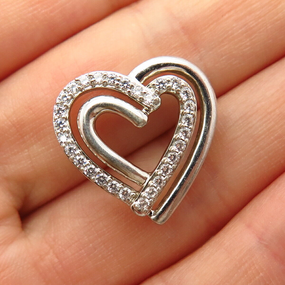 925 Sterling Silver C Z Double Heart Design Slide Pendant