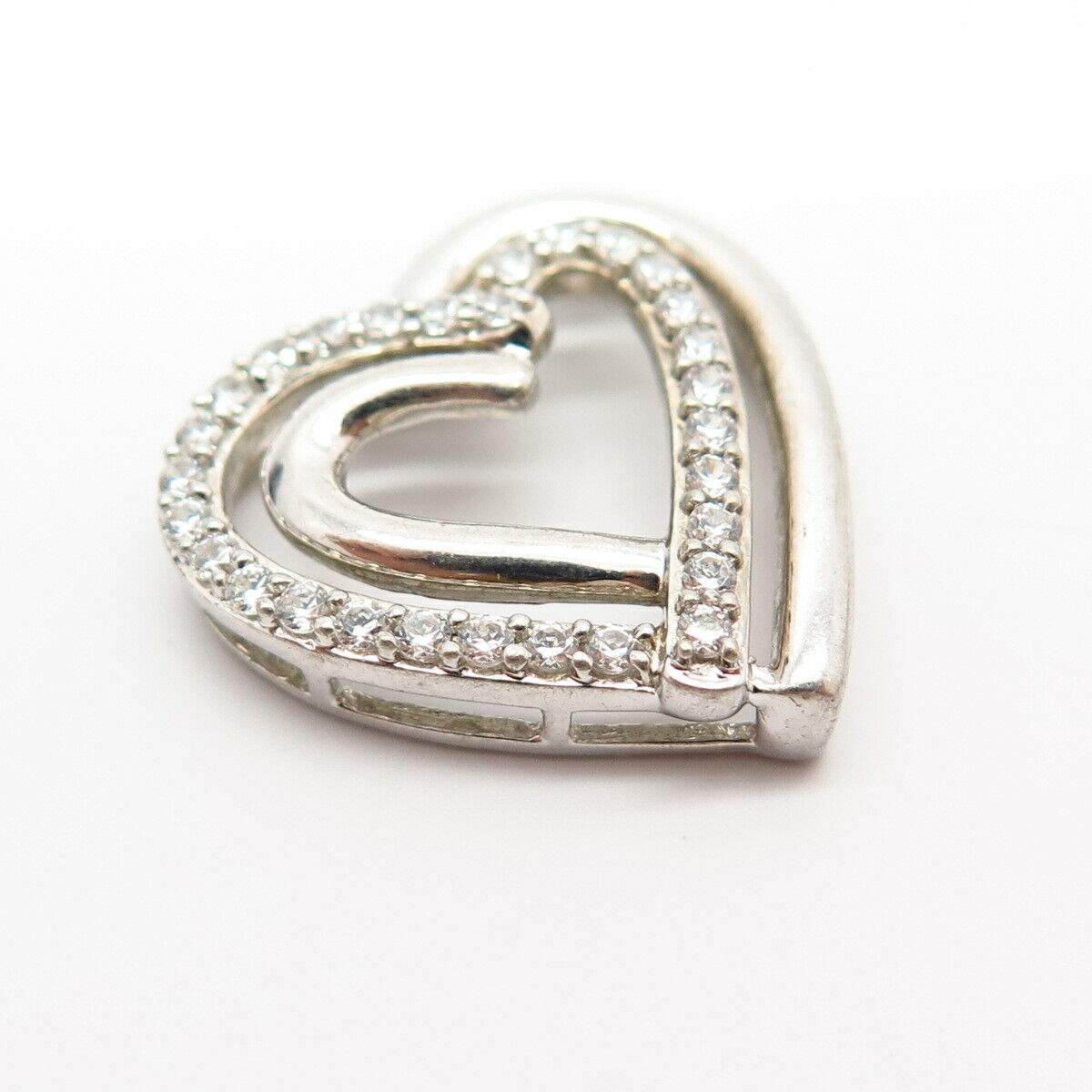 925 Sterling Silver C Z Double Heart Design Slide Pendant