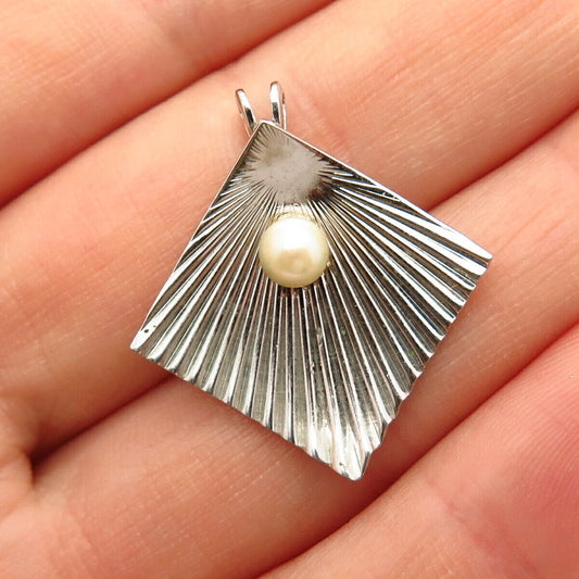 925 Sterling Silver Real Pearl Ribbed Design Square Shape Slide Pendant