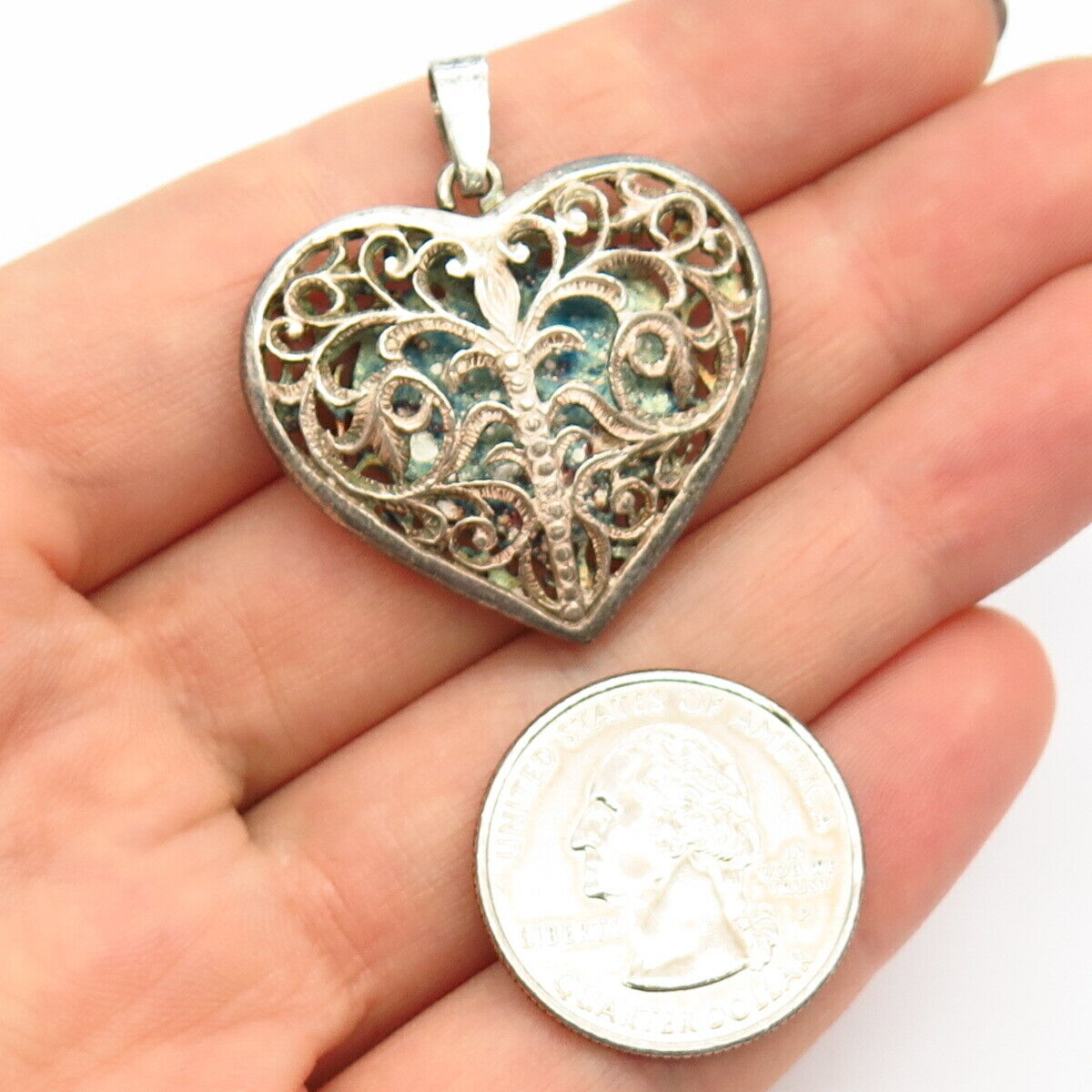 925 Sterling Silver Large Swirl Ornate Heart Design Pendant