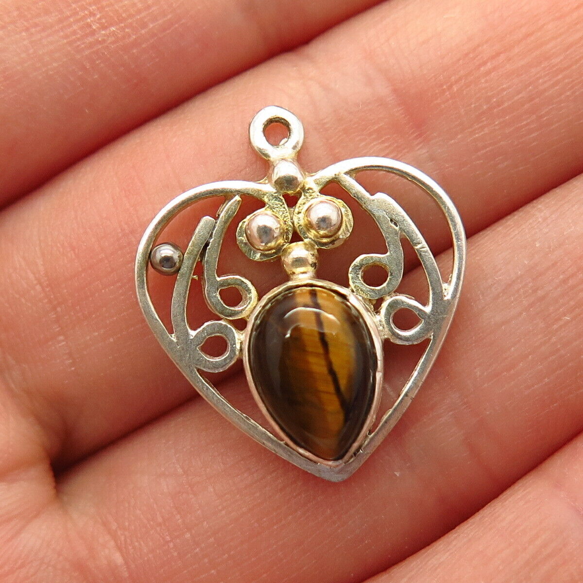 925 Sterling Silver Real Tiger Eye Gemstone Heart Design Pendant