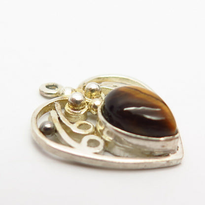 925 Sterling Silver Real Tiger Eye Gemstone Heart Design Pendant