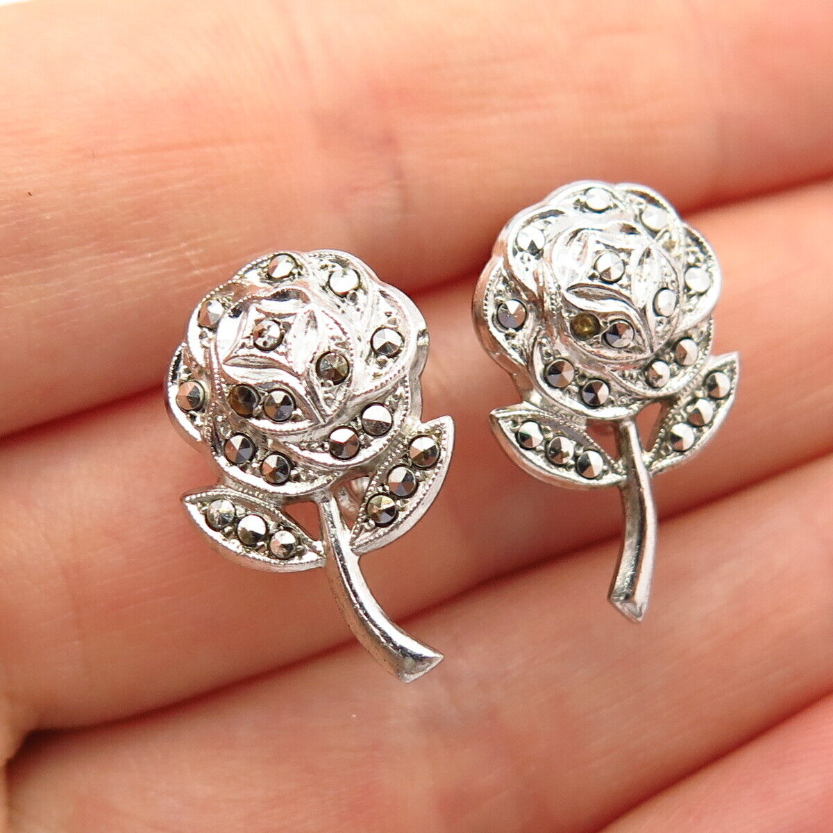 925 Sterling Silver Antique Real Marcasite Gem Rose Floral Screw Back Earrings