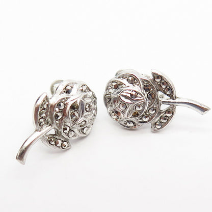 925 Sterling Silver Antique Real Marcasite Gem Rose Floral Screw Back Earrings