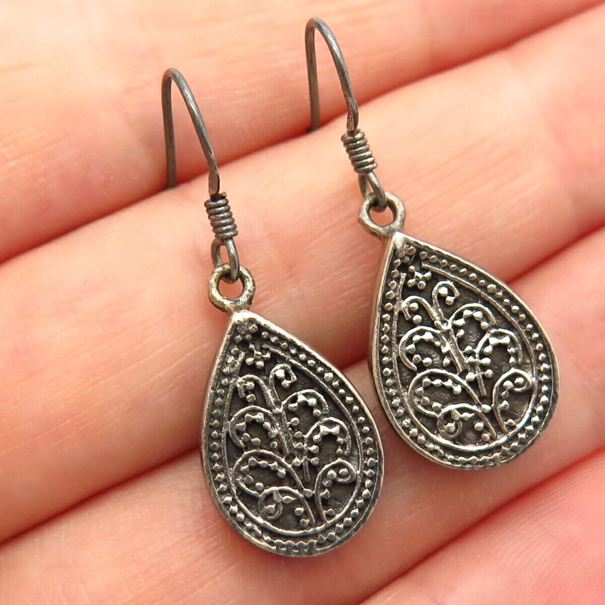 925 Sterling Silver Ornate Design Dangling Earrings