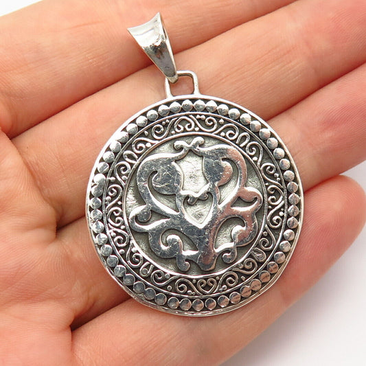 925 Sterling Silver Heart Floral Design Large Round Pendant