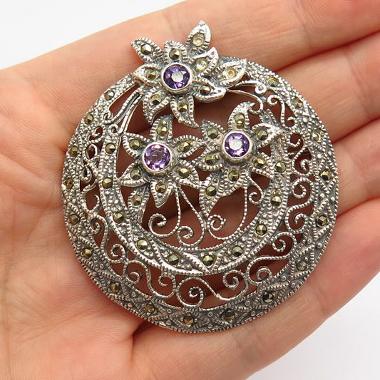 925 Sterling Silver Real Marcasite Gem Amethyst-Tone C Z Floral Large Pin Brooch