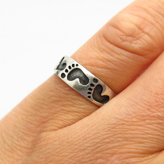 925 Sterling Silver Footprints Design Adjustable Ring Size 6